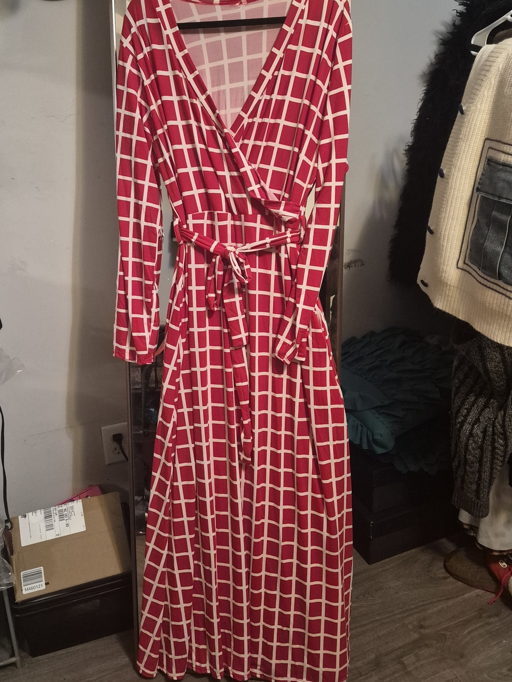 Red Grid Wrap Maxi Dress With Tie
